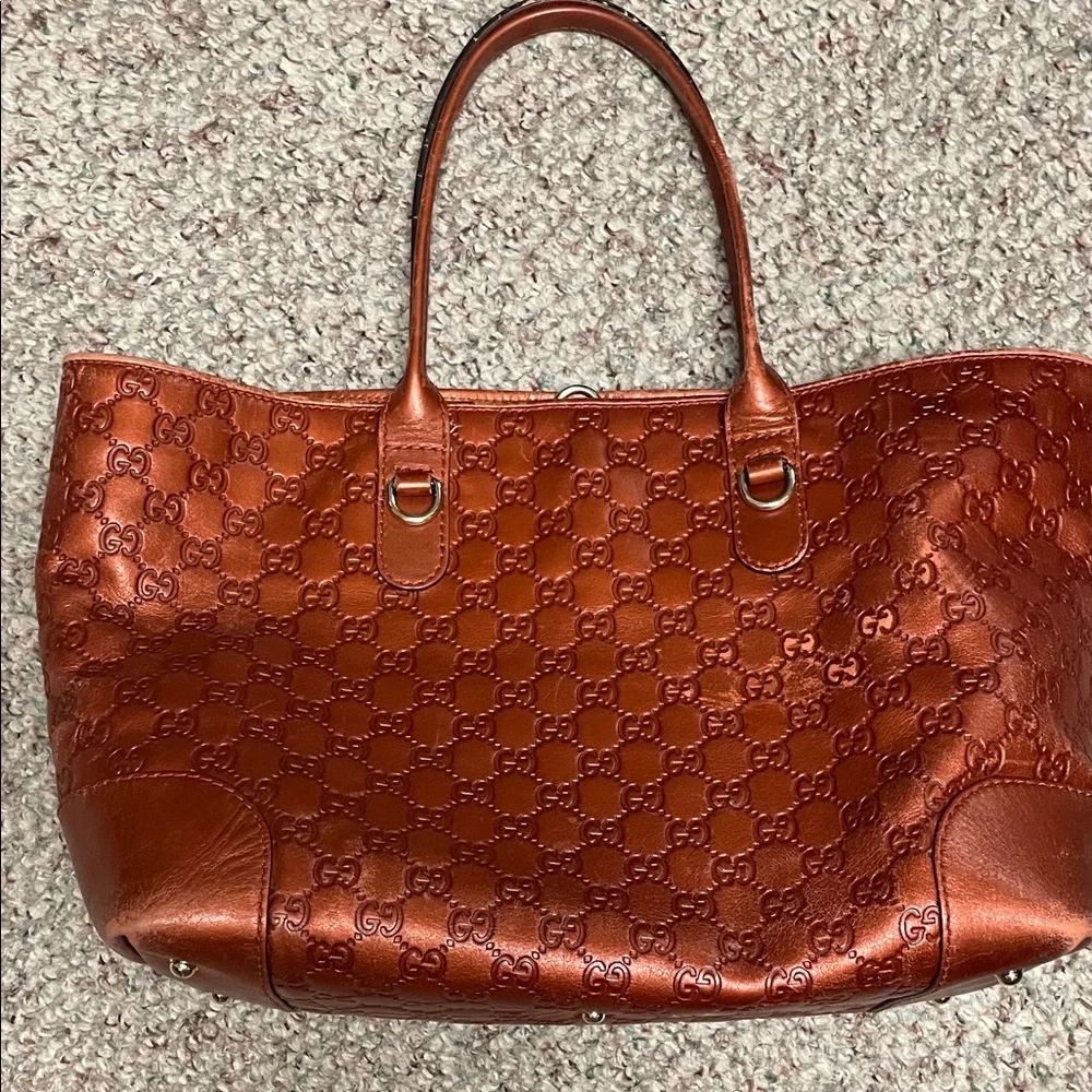 Gucci red GG logo with gold horsebit and gold bamboo heart charms Leather Tote - Picture 12 of 15